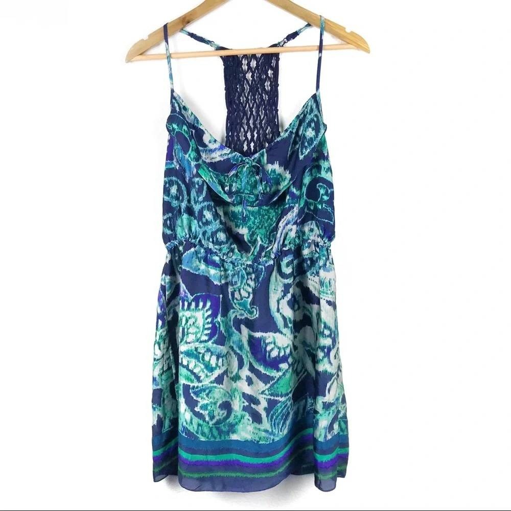 Xhilaration Womens Teal Blue Paisley Ikat Crochet Macrame Racerback Mini Dress M
